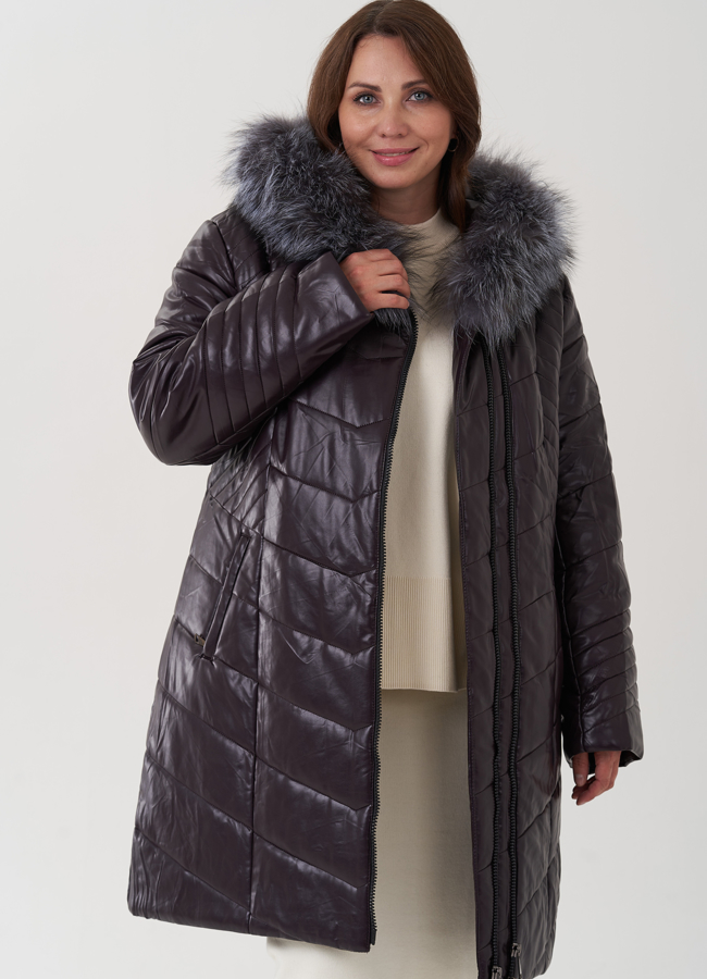 Пуховик из эко кожи с капюшоном на молнии модель № 2639 универмаг малина