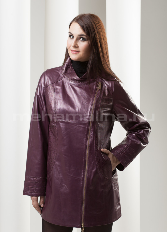 Кожаный плащ на молнии, отделка крокко модель № K-162 меха малина