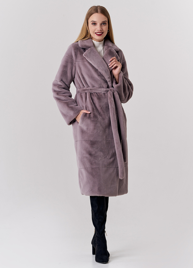 Двустороннаяя шуба из экомеха светло-розового цвета с английским воротником и поясом модель № 21143 универмаг малина