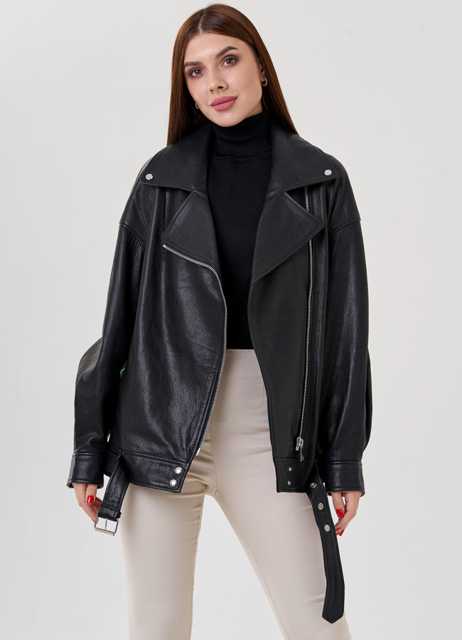 Косуха оверсайз из натуральной кожи модель № 79084 меха малина