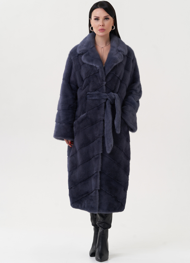 Шуба из меха норки с поясом модель № 26012 меха малина