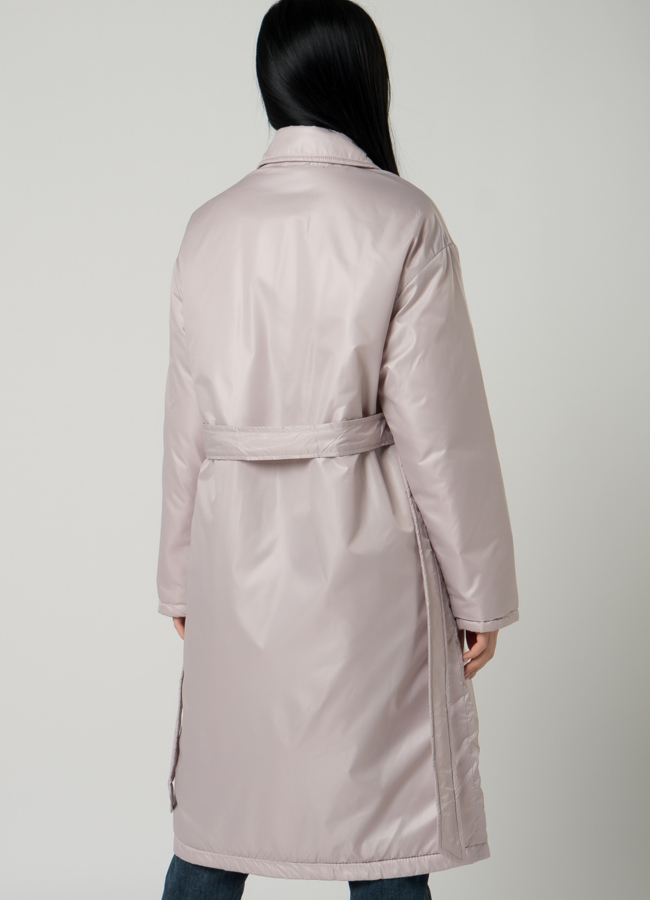 Женское пальто-рубашка бежевого цвета с поясом модель № 22390 универмаг малина