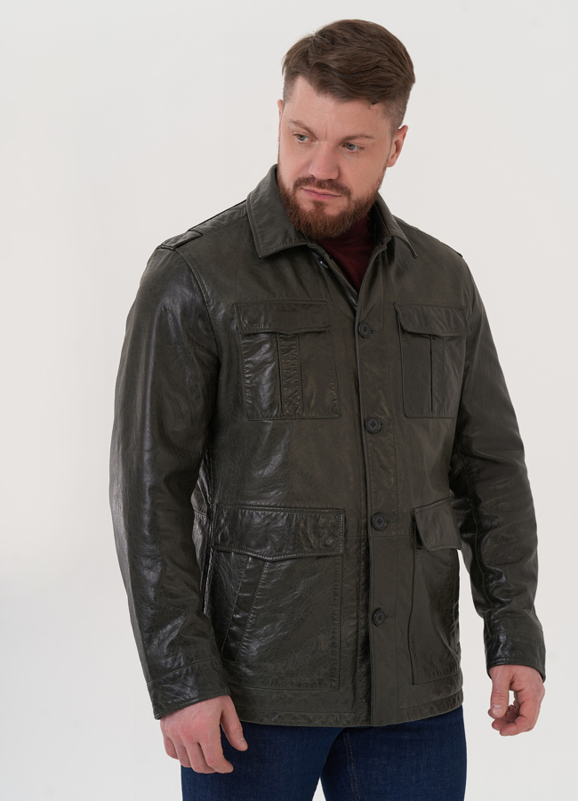 Куртка из натуральной кожи зеленого цвета модель № W812 в кредит