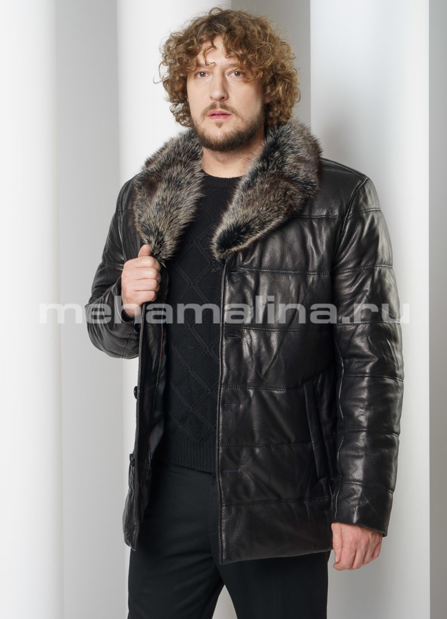 Пуховик из натуральной кожи на пуговицах с английским воротником модель № ПМ-105 универмаг малина