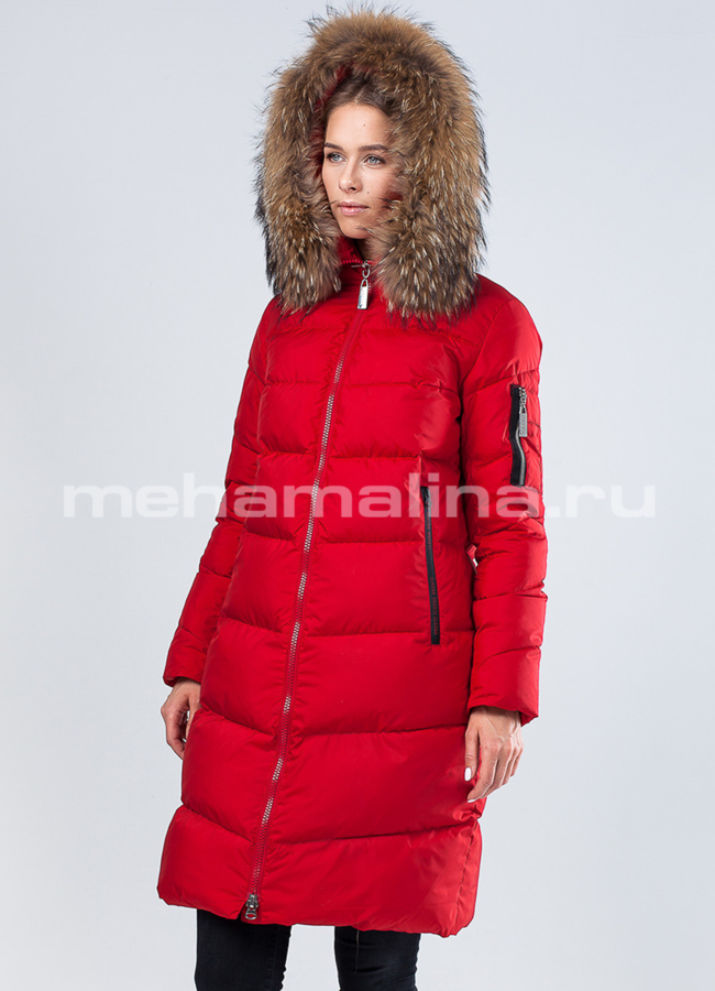 Пуховик с капюшоном модель № П-266 меха малина