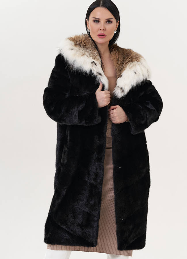 Норковая шуба черного цвета с рысью модель № 25004 универмаг малина