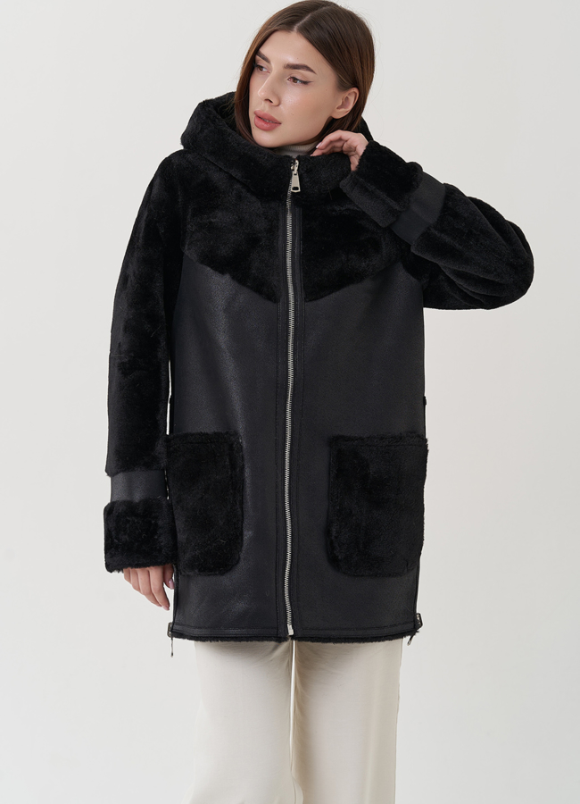 Двухсторонняя женская эко дубленка черного цвета модель № 25402 универмаг малина