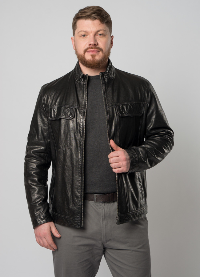 Мужская кожаная куртка черного цвета модель № W9066 универмаг малина