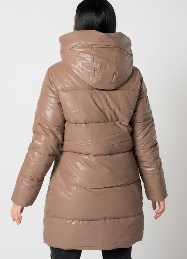 Пуховик из эко кожи с капюшоном модель № 2123 в кредит