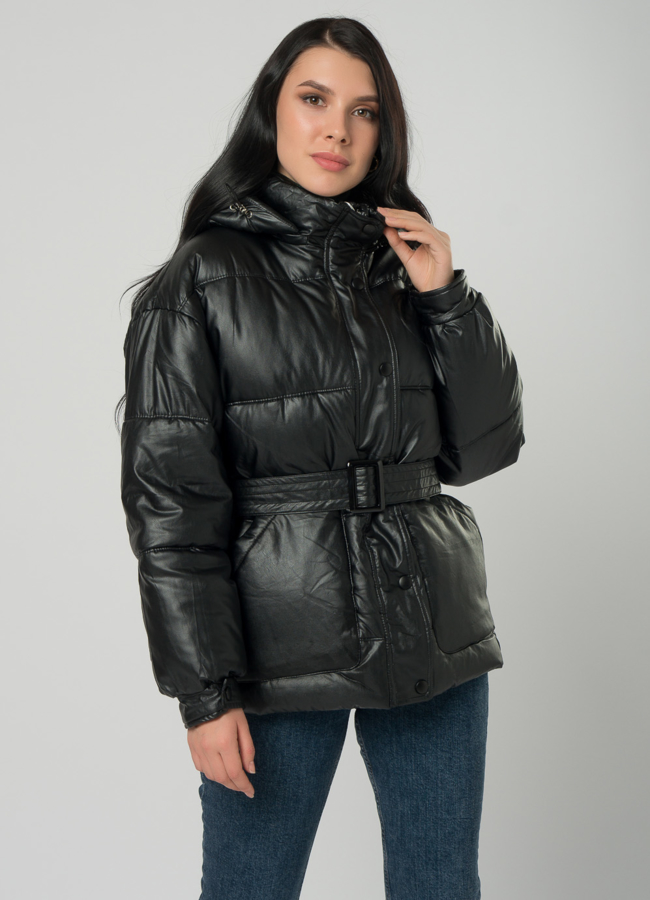 Теплая куртка из искусственной кожи модель № 73426 меха малина