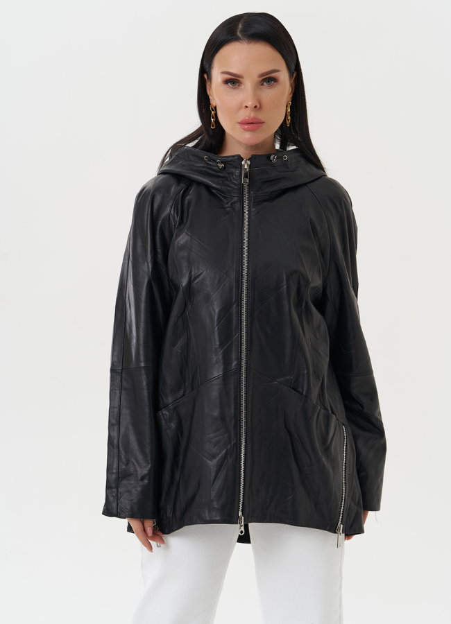 Женская кожаная куртка с капюшоном модель № 28032 в рассрочку