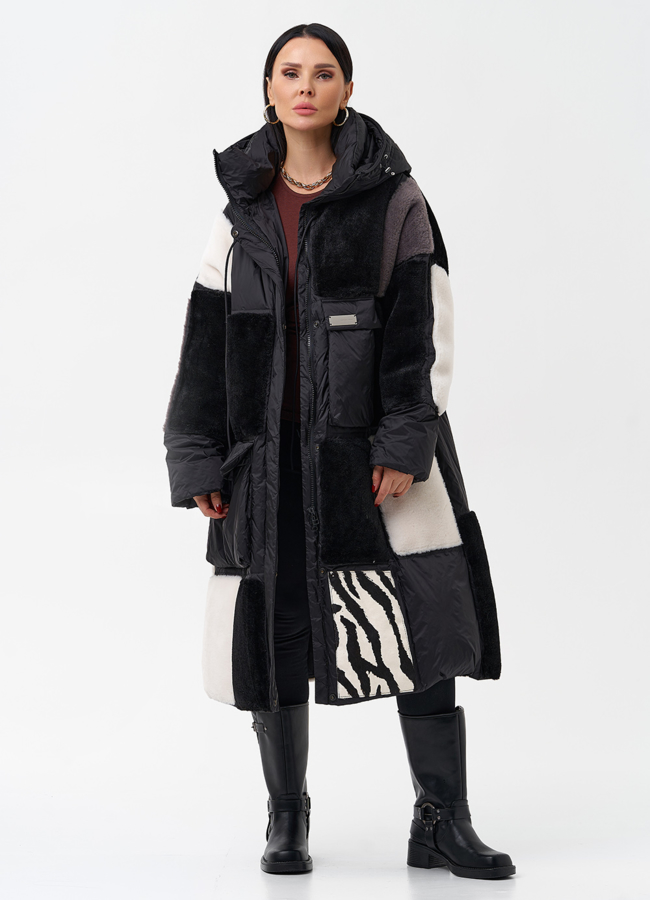 фото Комбинированный женский пуховик с капюшоном модель № 28373