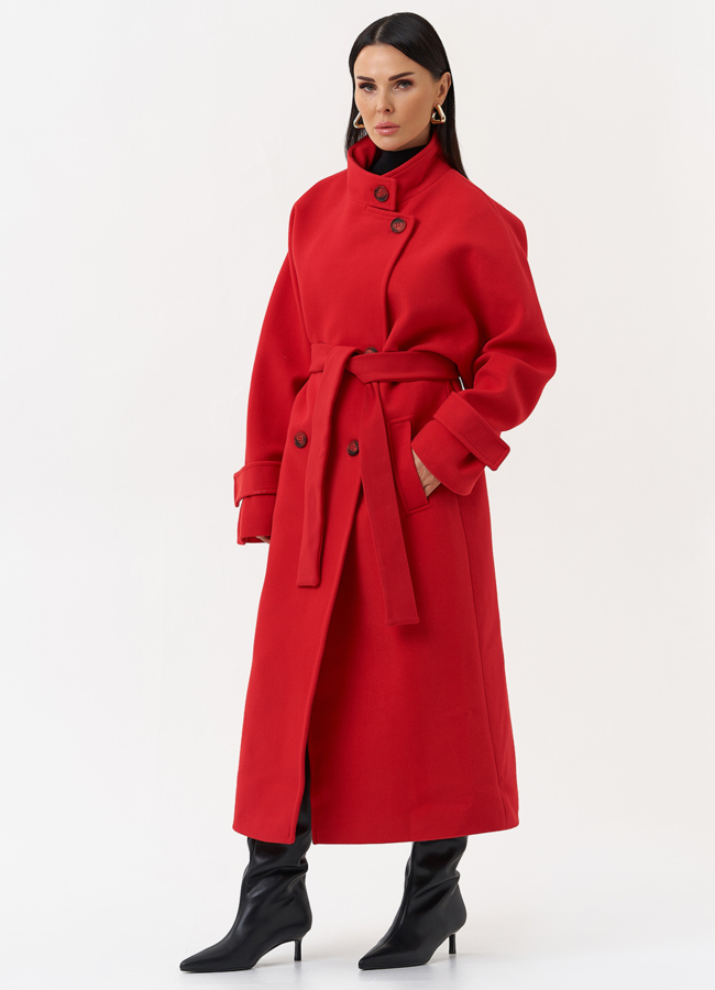 Длинное женское пальто красного цвета модель № 30200 меха малина