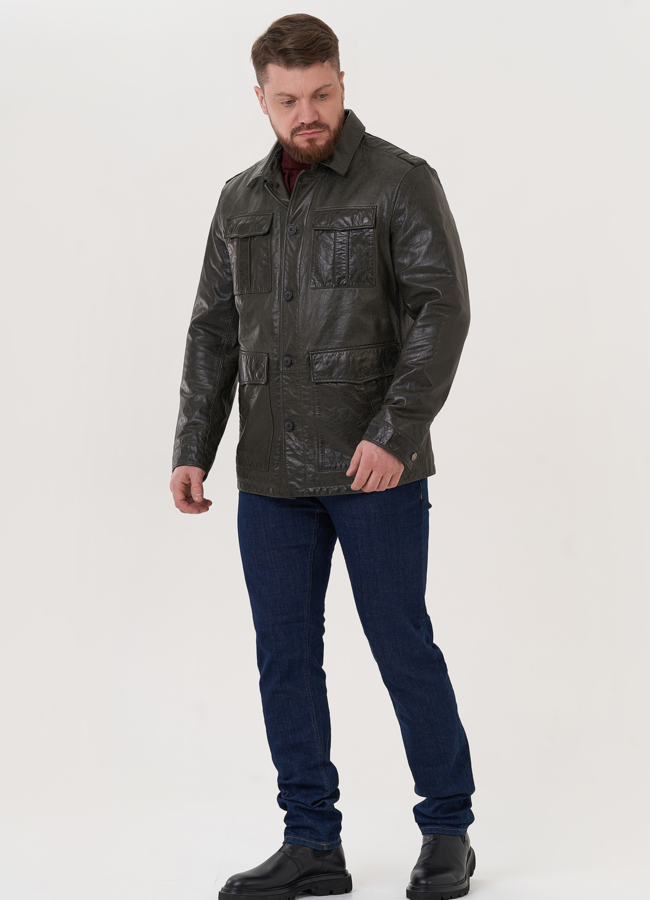 Куртка из натуральной кожи зеленого цвета модель № W812 меха малина