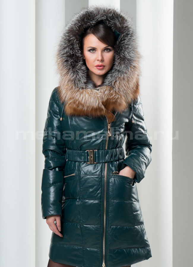 Кожаный пуховик, цвет изумруд модель № П-23 в кредит