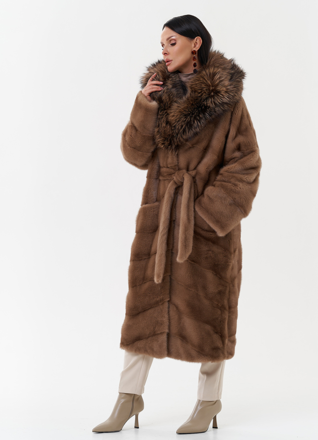 фото Женская норковая шуба с капюшоном из чернобурки модель № 27638