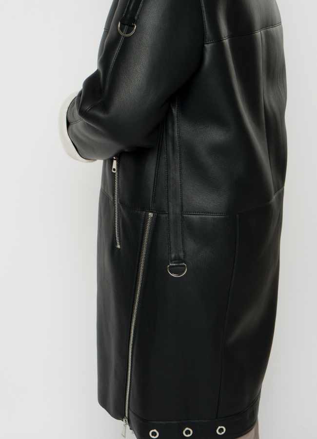 Удлиненная эко дубленка черного цвета на молнии модель № 23628 универмаг малина