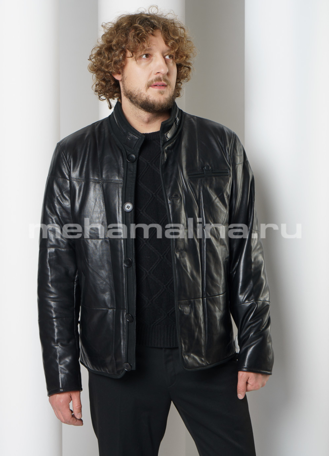Утепленная кожаная куртка на пуговицах модель № KP-229 универмаг малина