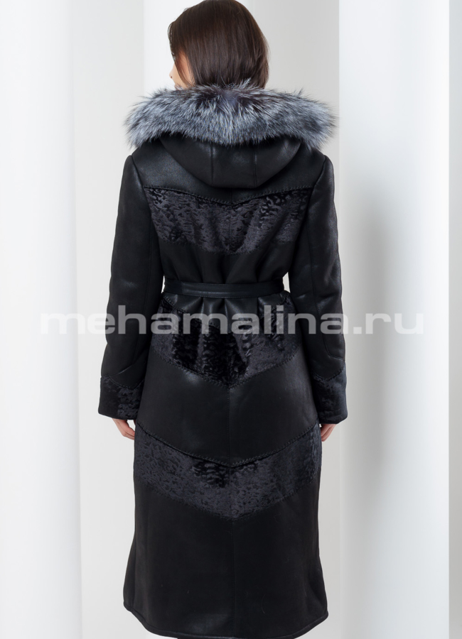 Удлиненная дубленка из эко кожи черного цвета модель № 1613 в кредит
