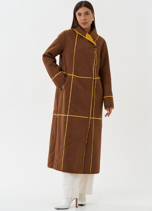 Двухсторонняя эко дубленка с мехом енота модель № 28561 универмаг малина