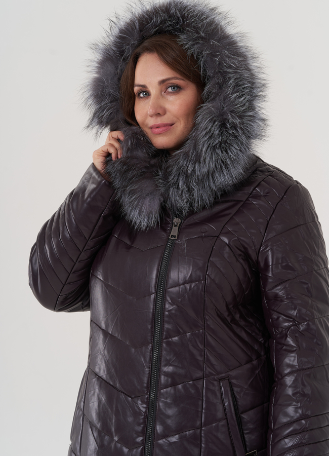 Пуховик из эко кожи с капюшоном на молнии модель № 2639 в кредит