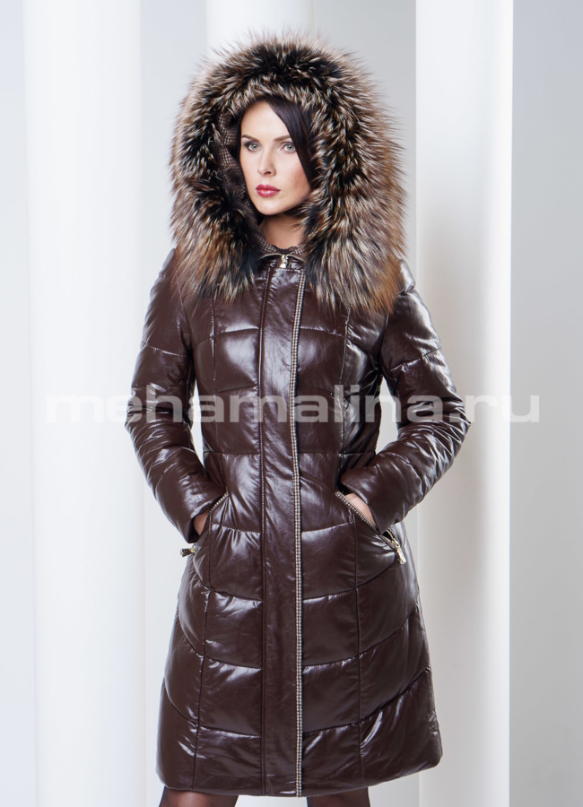 Пуховик из экокожи модель № П-34 меха малина