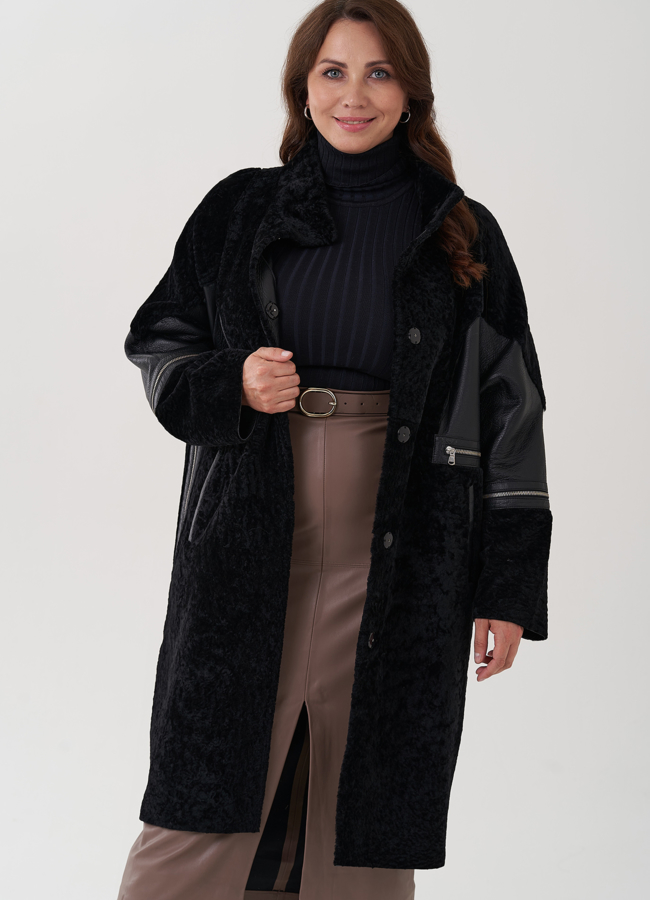 Женская дубленка черного цвета  модель № 82469 универмаг малина