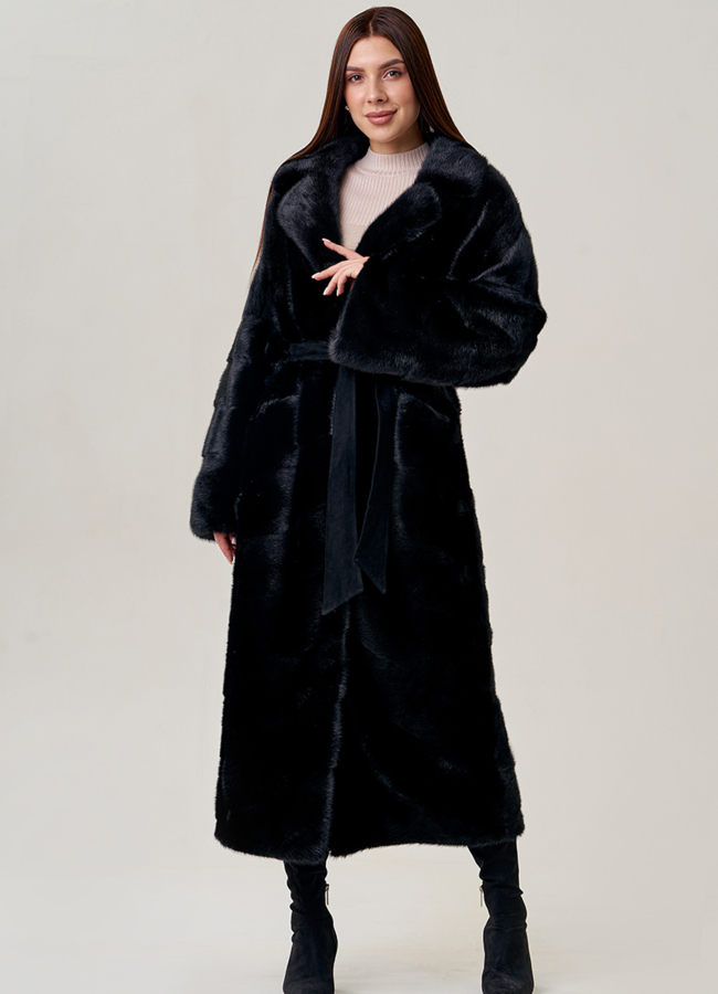 Длинная шуба из норки с английским воротником модель № 2201 меха малина