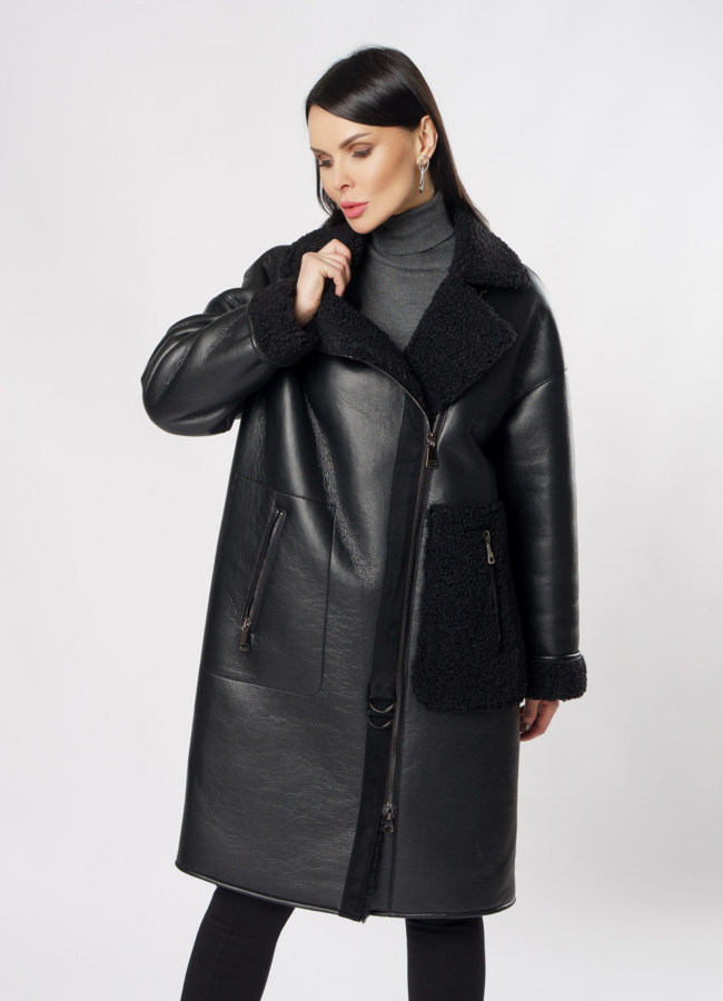 Дубленка из эко кожи черного цвета на молнии модель № 2026-2 в кредит