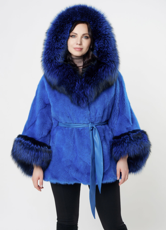 Женская шуба синего цвета модель № S-1001 меха малина