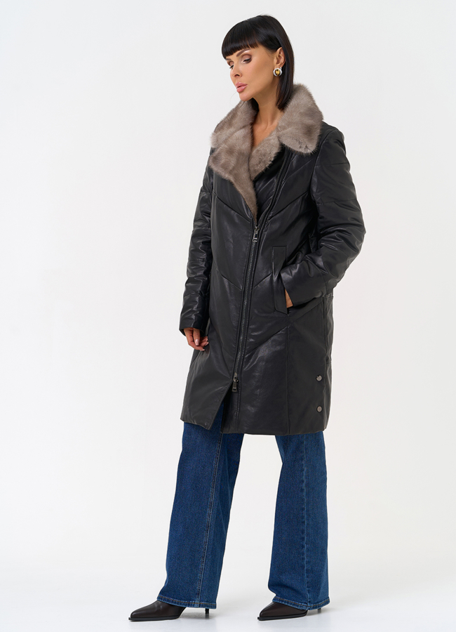 Пуховик из натуральной кожи с воротником из меха норки модель № 31566 универмаг малина Пуховик из натуральной кожи с воротником из меха норки модель № 31566 универмаг малина