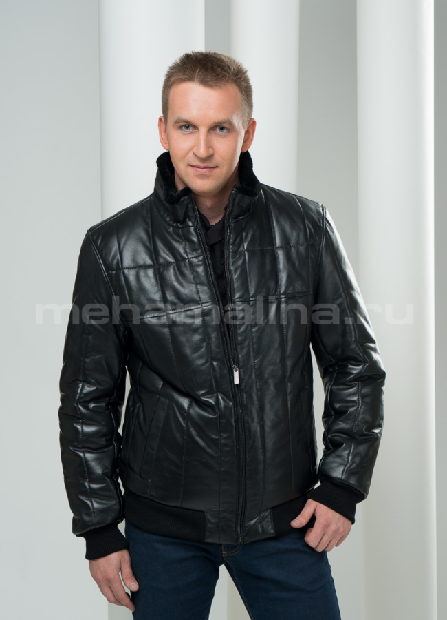 Кожаный пуховик на резинке модель № ПМ-50 меха малина