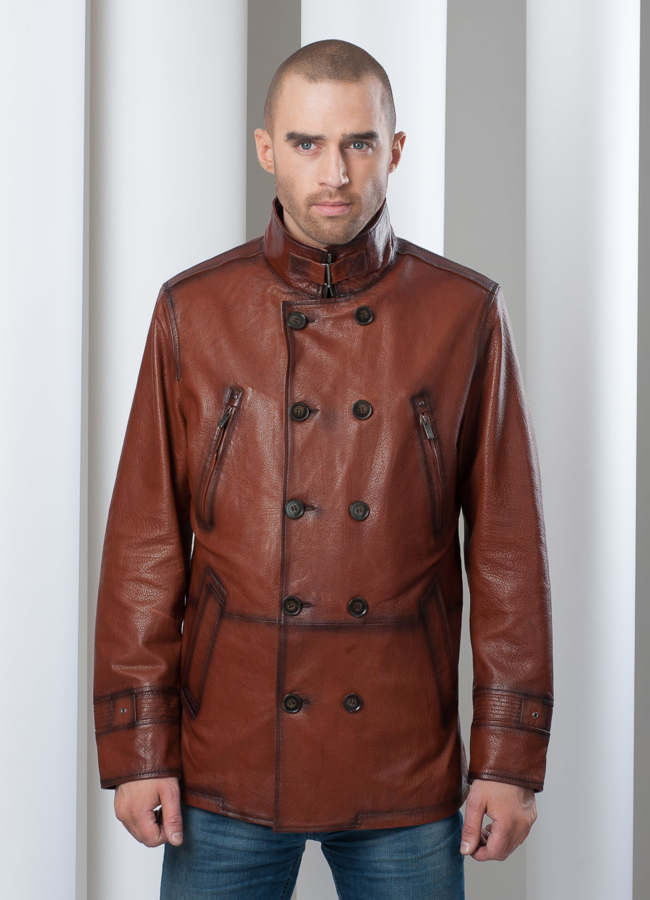 Кожаная куртка с затемненными швами, цвет рыжий модель № KP-36 меха малина