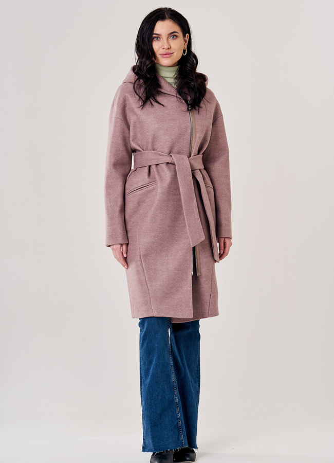 Пальто женское с капюшоном на поясе модель № 20563 в рассрочку
