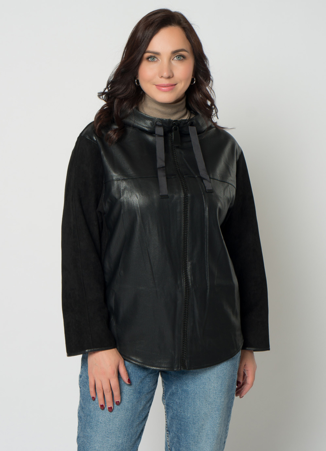 Куртка из эко кожи в черном цвете модель № 20677 меха малина