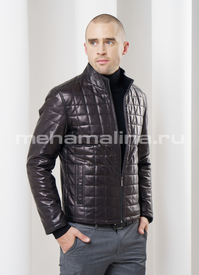 Кожаная куртка стеганная модель № KP-110 меха малина