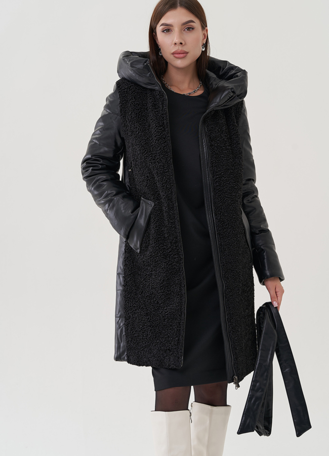 Пуховик из эко кожи с капюшоном модель № 25342 в рассрочку