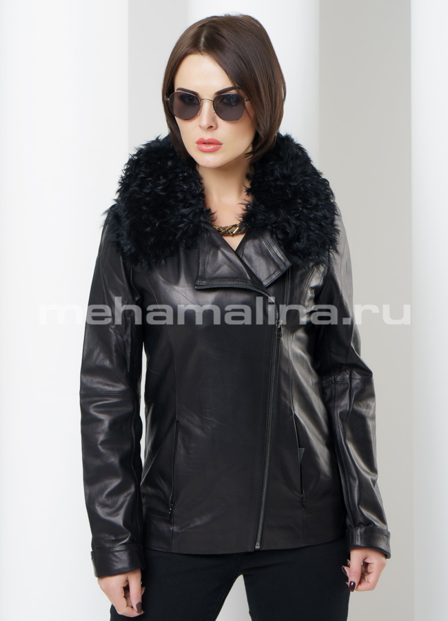 Кожаная куртка модель № K-317 меха малина