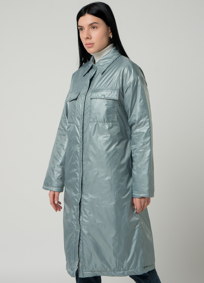 Женское пальто-рубашка светло-зеленого цвета с поясом модель № 22392 в рассрочку