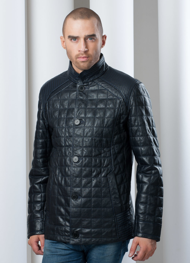 Кожаная куртка на пуговицах, цвет синий модель № KP-31 меха малина Кожаная куртка на пуговицах, цвет синий модель № KP-31 меха малина