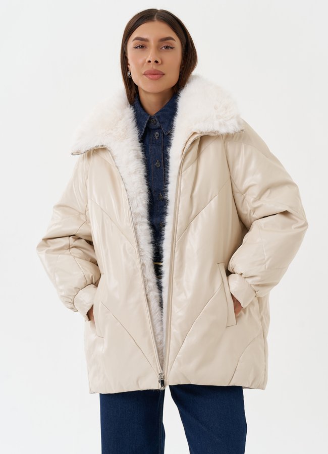 Пуховик из эко кожи с воротником из эко меха модель № 27990 в кредит Пуховик из эко кожи с воротником из эко меха модель № 27990 в кредит