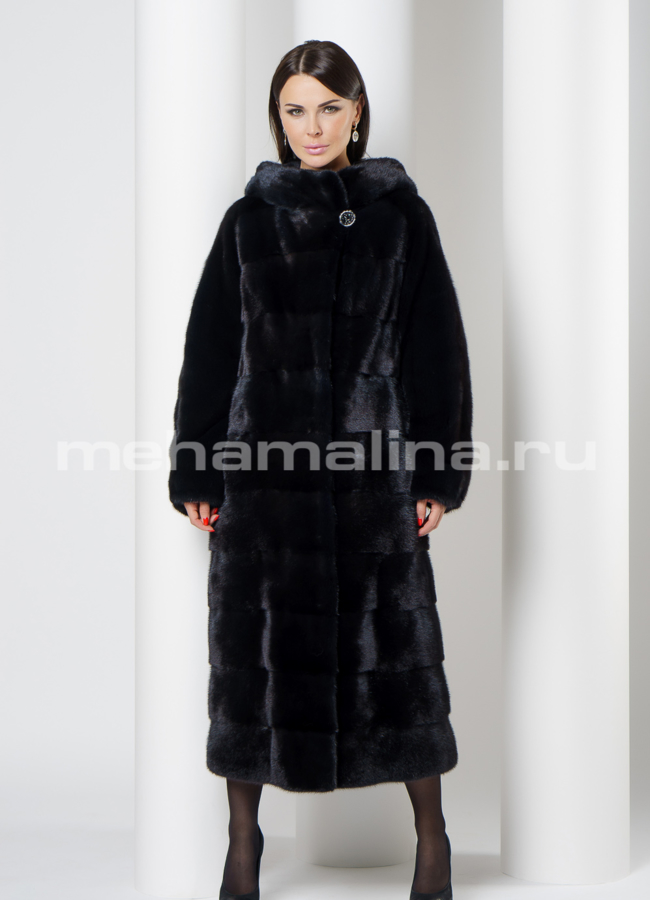 фото Норковая шуба с капюшоном темно-синего цвета модель № S-725