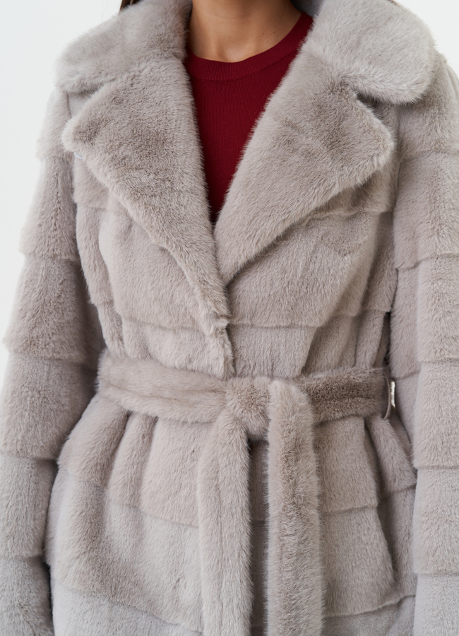 Шуба из эко меха с поясом модель № 27713 в рассрочку