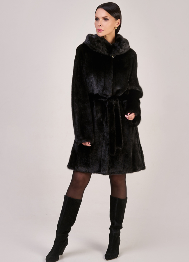 фото Норковая шуба прямого силуэта на поясе модель № S-847