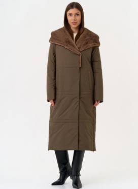Женское пальто с капюшоном из эко меха под норку