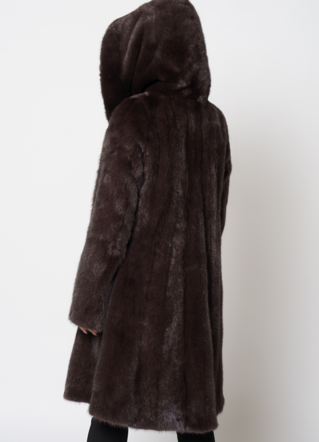 Норковая шуба с капюшоном в цвете капучино модель № 21115 в рассрочку
