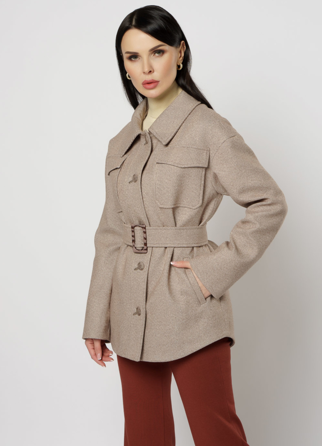 Женское пальто-рубашка коричневого цвета модель № 20763 меха малина