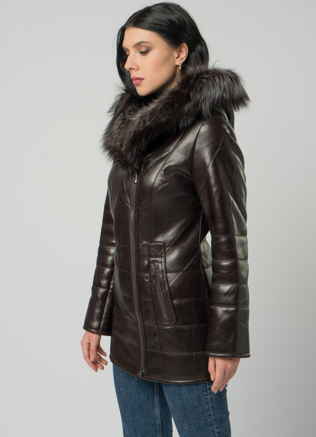 Дубленка из эко кожи коричневого цвета с капюшоном модель № 12464 в кредит