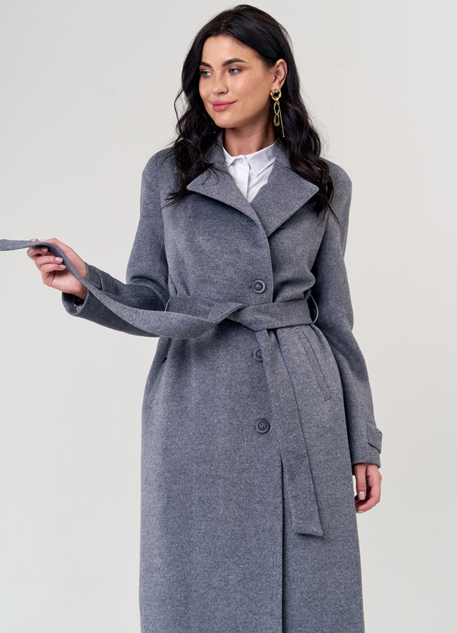 Женское пальто серого цвета с поясом модель № 21373 универмаг малина