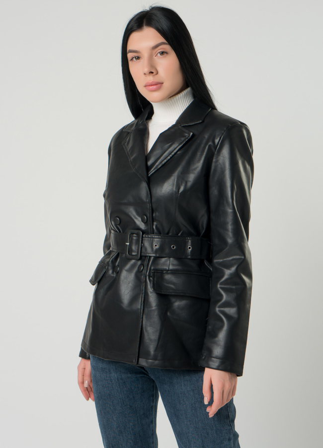 Женский пиджак черного цвета с поясом из эко кожи модель № 22408 универмаг малина